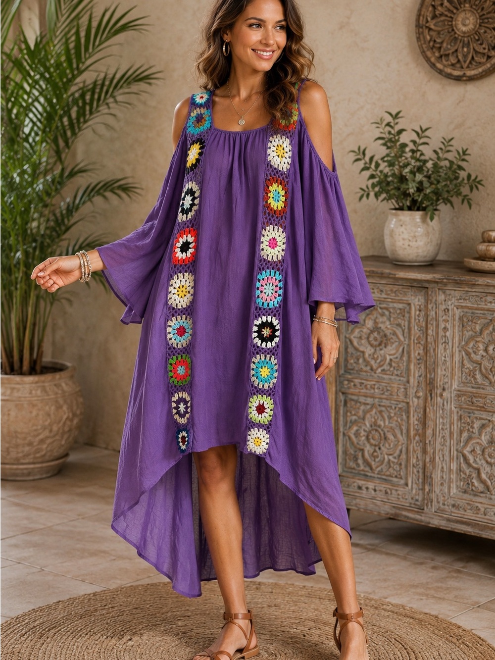 NWT Boho Cold-Shoulder Granny Square High Low - 25 PTP, 49 L ☮️ 🌼